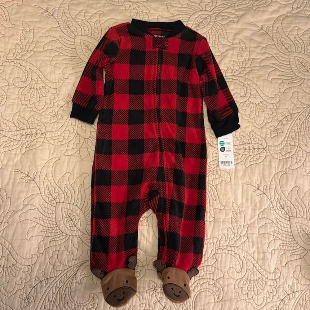 NWT Carter’s red black‎ checked moose footie